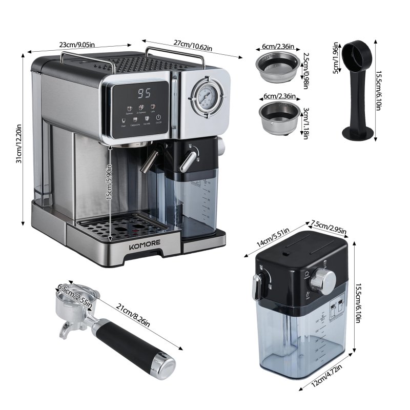 1350W 20 Bar Espresso Machine with Pressure Gauge & 1.6L Water Tank