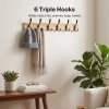 Levede Coat Rack Wall Mounted 6 Triple Hooks Holds Coats & Bags, Hallway Bamboo