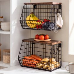 Toque Fruit Snack Storage Basket 2PCS Stackable Wall Mounted Kitchen Wood Lid