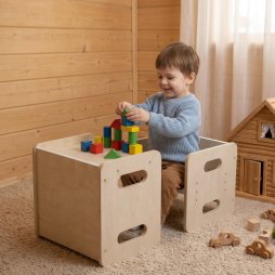 Levede Kids Table And Chair Sets 3-in-1 Adjustable Baby Safe Plywood Light Brown