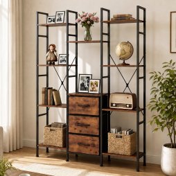 Levede Book Shelves 10 Open 3 Fabric Drawers Tall Storage Unit for Office Brown