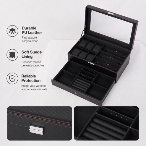 Watch Box Watch Storage Jewelry Box 2 Layer Glass Lid Lockable Display Black