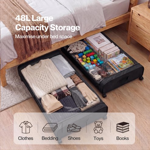 Levede Under Bed Storage Boxes with Lids, 46L x2, Rolling, Black, Oxford