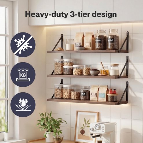 Levede Floating Shelves Wall Wood Rustic with Brackets Vintage Brown Set of 3