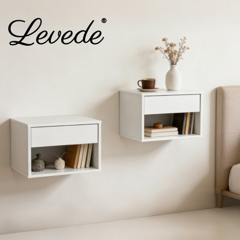 Levede Bedside Table Floating Set of 2 Wall Mounted Drawer Open Shelf White