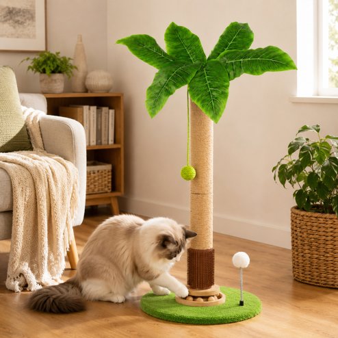 Skylos Cat Scratching Post Palm Tree Cat Scratcher With Brush Toy Indoor Green