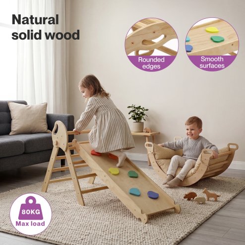DEKKO 8 in 1 Triangle Climbing Set Kids Wooden Climber with Arch Slide Natural