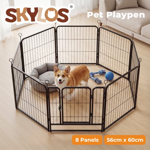 Skylos Dog Pen 8 Pcs Steel 60cm Foldable Indoor Outdoor Pet Enclosure Black