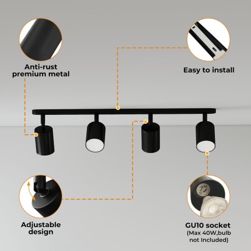 EMITTO Led Ceiling Spot Light GU10 4-Way Fully Adjustable Steel Modern Black