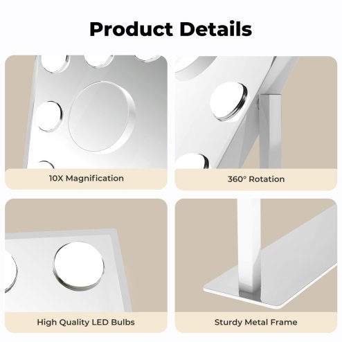 Emitto LED Hollywood Makeup Vanity Mirror Dimmable 3 Colour Lights 31x47cm
