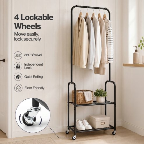 Levede Clothes Rack Heavy Duty Garment Rack 2 Shelf Locking Wheels Bedroom Black