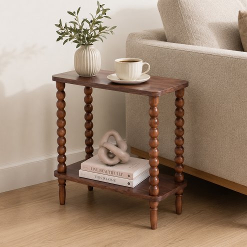 Levede Narrow Side Table 2 Tier Storage MDF End Table Rubber Wood Legs Brown