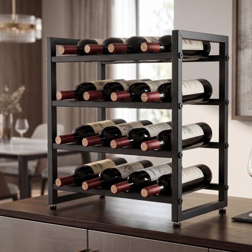 Levede 16 Bottle Wine Rack Countertop Wine Storage Organiser 4 Tier Metal Black