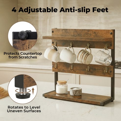 Levede Mug Holder Stand Coffee Cup Rack Storage Organiser 8 Hooks Rustic Brown