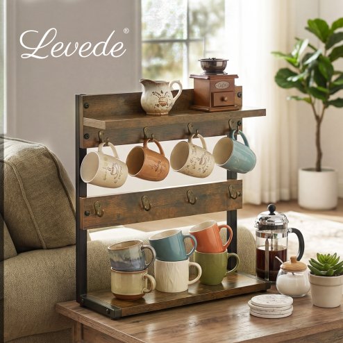 Levede Mug Holder Stand Coffee Cup Rack Storage Organiser 8 Hooks Rustic Brown