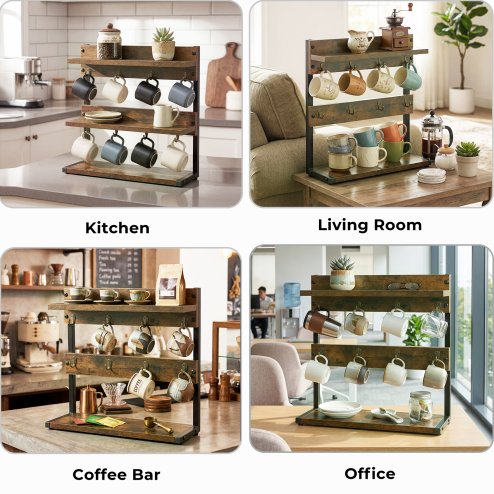 Levede Mug Holder Stand Coffee Cup Rack Storage Organiser 8 Hooks Rustic Brown