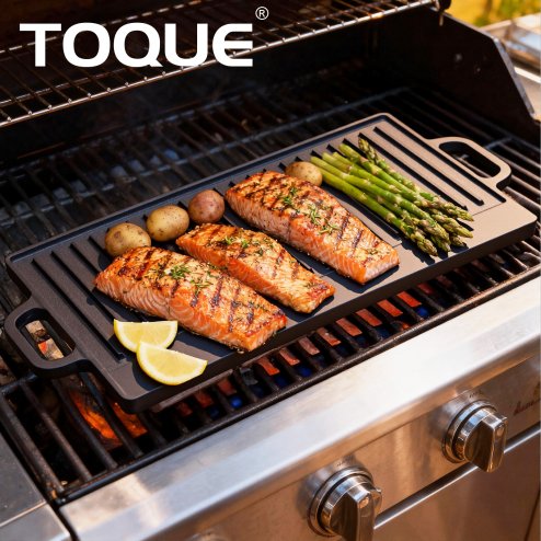 Toque Reversible Cast Iron Griddle Plate Non-Stick Grill Skillet Pan 49.5cm BBQ