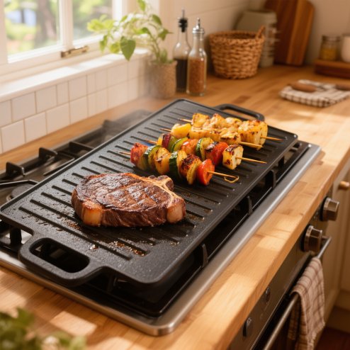 Toque Reversible Cast Iron Griddle Plate Non-Stick Grill Skillet Pan 49.5cm BBQ