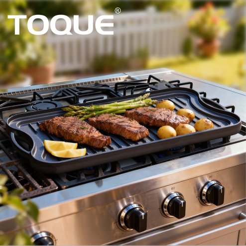 Toque Reversible Cast Iron Griddle Plate Non-Stick Grill Skillet Kitchen 50.5cm