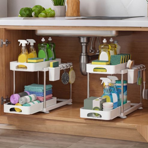 Toque Under Sink Organiser Two Slide-Out Drawers Kitchen Storage 2pcs White