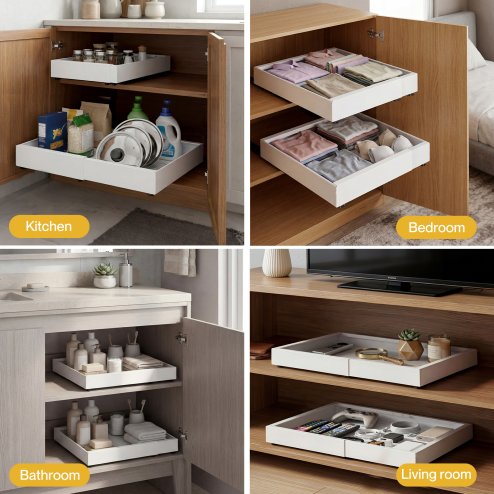 Toque Pull Out Cabinet Organizer Adhesive 2 Pcs Expandable White Storage Drawers