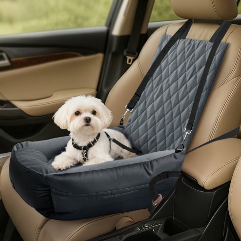 Skylos Dog Booster Car Seat Travel Carrier Plush Bed Basket Portable Pet Grey