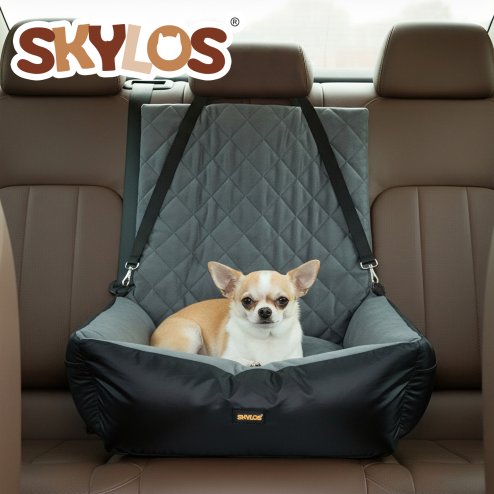 Skylos Dog Booster Car Seat Travel Carrier Plush Bed Basket Portable Pet Grey