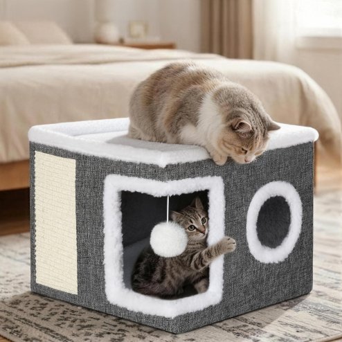 Skylos Cat House Indoor Cat Cave with Scratch Pad Fluffy Ball Pet Bed Foldable Image