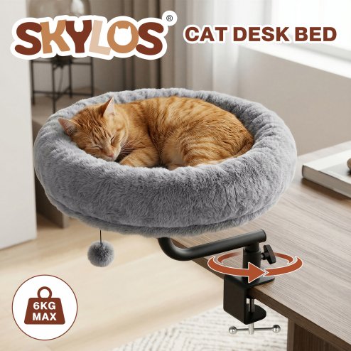 Skylos Cat Desk Bed Rotatable Adjustable Elevated Grey Cozy Hanging Desk