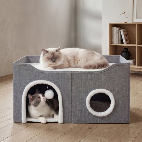 Skylos Cat House 2-Layer Large Soft Cave Cube Fluffy Ball Grey Scratching Board Image