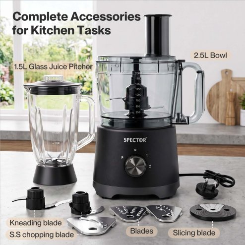 Spector Food Processor 1500W 2-Speed Pulse 2.5L Chopper 1.5L Glass Jug Black