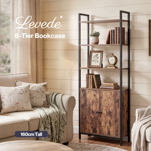 Levede Bookshelf 6 Tier Adjustable Display Shelf90kg Living Room Walnut Colour