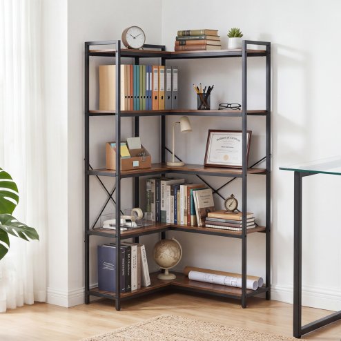 Levede Corner Bookcase 5-Tier L-Shaped Bookshelf Space-Saving Spice Walnut Black Metal
