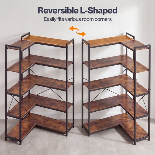 Levede Corner Bookcase 5-Tier L-Shaped Bookshelf Space-Saving Spice Walnut Black Metal