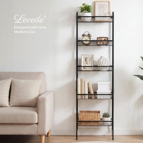Levede Behind Door Storage Organiser Narrow 5-Tier Bathroom Shelves Steel Black