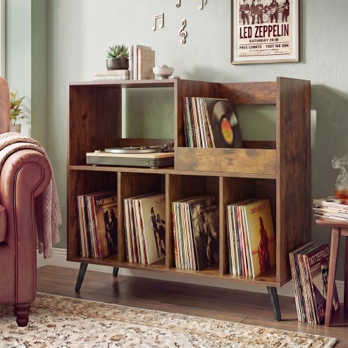 Levede Record Player Stand 300+ Album Storage Turntable Cabinet Rubber Wood Antique Brown