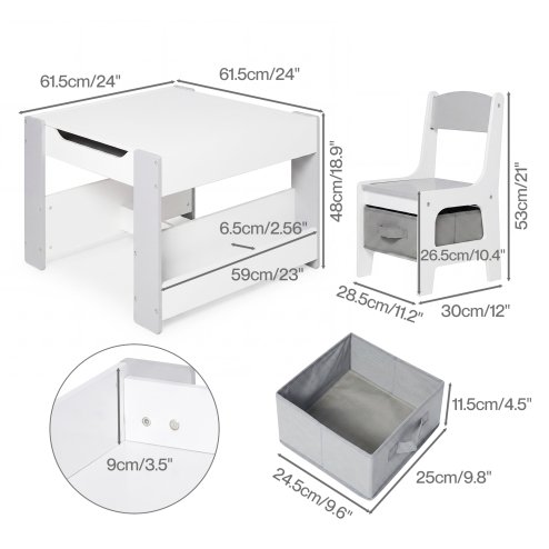 Dekko Kids Table and Chairs Set 2-in-1 Flip Top Storage Activity Play Study Grey