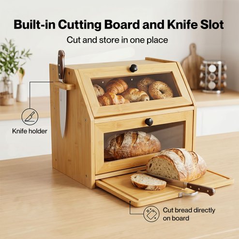 TOQUE 33L Bamboo Bread Bin with Cutting Board Bread Storage Box Natural