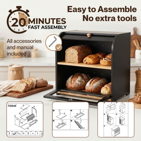Bread Box 2-Tier Large Capacity Roll Top Black Bamboo Acrylic Door