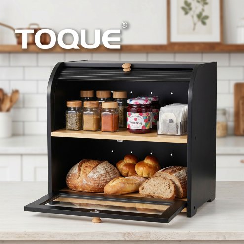 Bread Box 2-Tier Large Capacity Roll Top Black Bamboo Acrylic Door