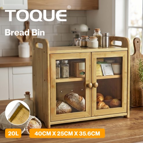 TOQUE Bread Box 20L 2-Tier Bamboo Bread Bin Storage Acrylic Door Natural