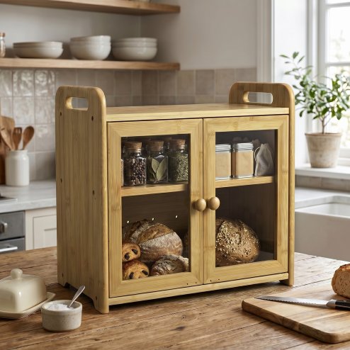 TOQUE Bread Box 20L 2-Tier Bamboo Bread Bin Storage Acrylic Door Natural