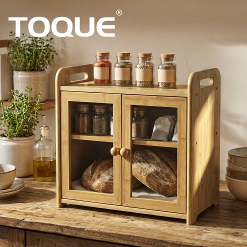 TOQUE Bread Box 20L 2-Tier Bamboo Bread Bin Storage Acrylic Door Natural