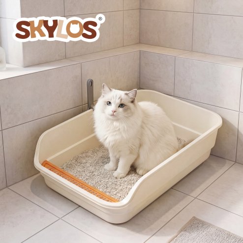 Skylos Cat Litter Tray Spacious High Sided Low Entry Open Pan for Cats Beige
