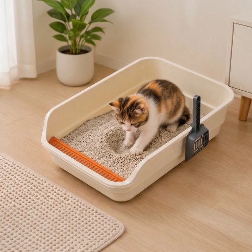 Skylos Cat Litter Tray Spacious High Sided Low Entry Open Pan for Cats Beige