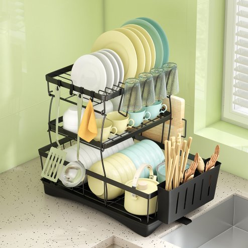 Toque Dish Drying Drainer Rack 3 Tier with Drip Tray Plate Cup Cutlery Holder