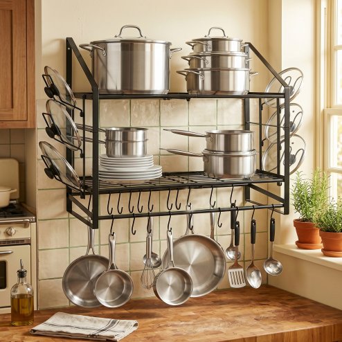 TOQUE Pot Rack Kitchen Storage Organiser Shelf Pan Rack 20 Hooks Lid Holders