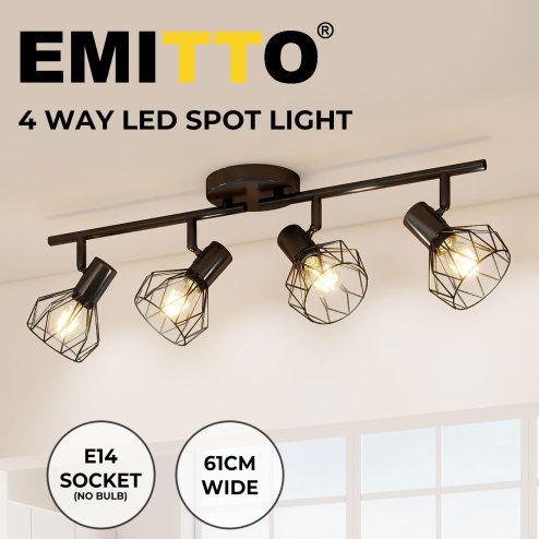 EMITTO LED Spot Ceiling Light 4-Way Adjustable Vintage Black Metal E14 Fixture