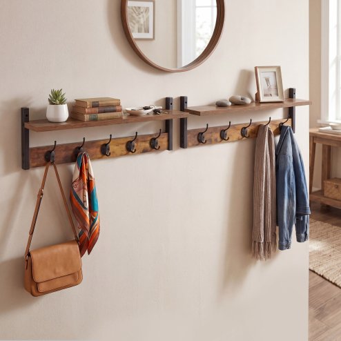 Levede Coat Rack Wall Mounted Wooden Hooks Hangers Storage Shelf 2 Pack Brown