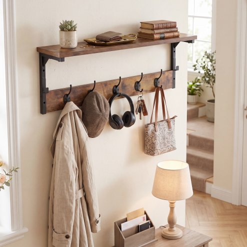 Levede Coat Rack Wall Mounted Shelf 7 Hooks Heavy Duty Entryway Storage Brown